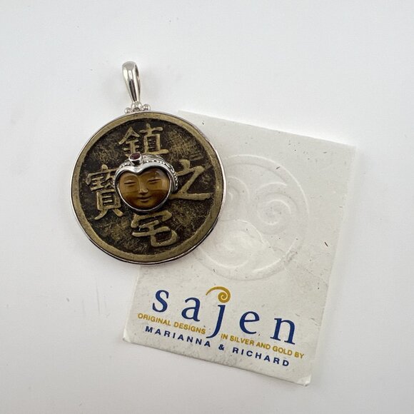 Sajen Sterling Silver Pendant Bronze Coin Face Tigers Eye Carved Script VTG Sign - Picture 1 of 10